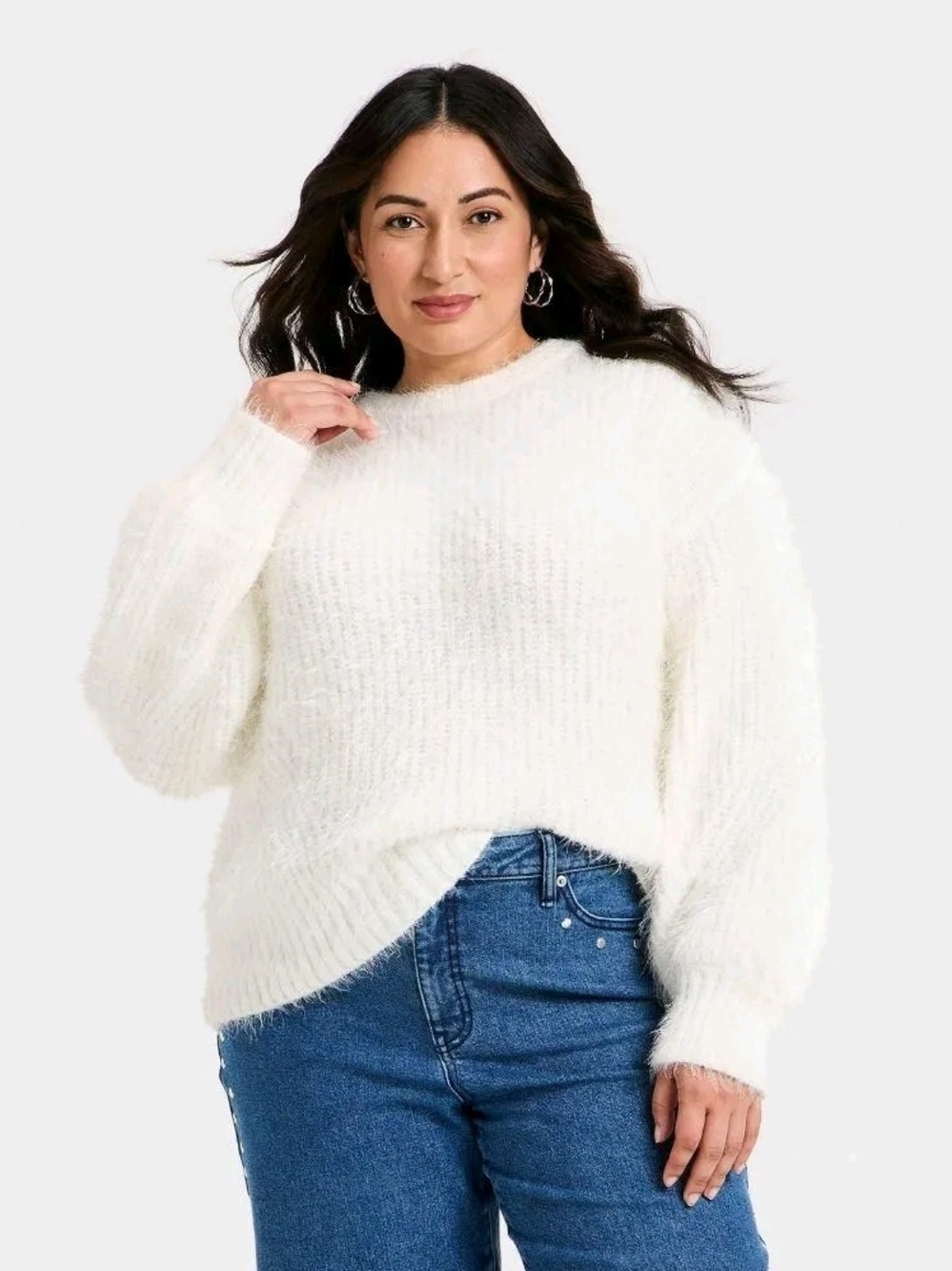 Women's Long Sleeve Crewneck Fuzzy Pullover Sweater - Ava & Viv